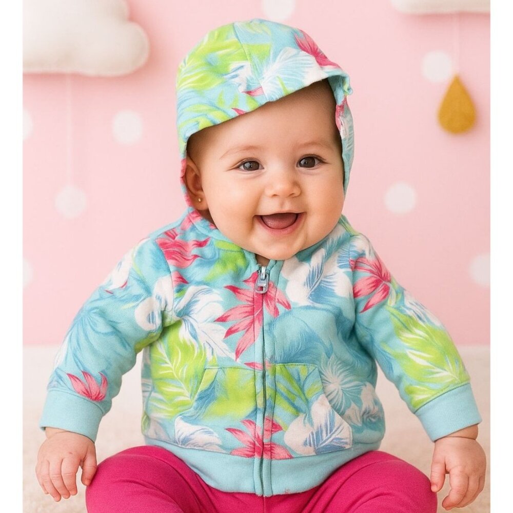 CARTER'S Baby Girl 3M Zip-Up Lightweight Bright Tropical Colorful Hooded Jacket
